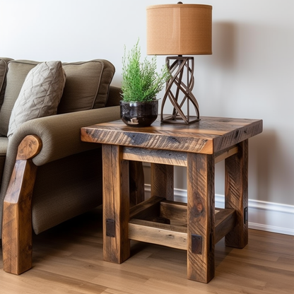 Rustic reclaimed barnwood end table handmade by Uinta Rustics in a cozy living room setting