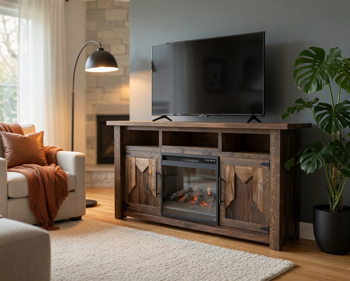Living room with a wooden TV stand featuring an electric fireplace, television, and decorative elements.